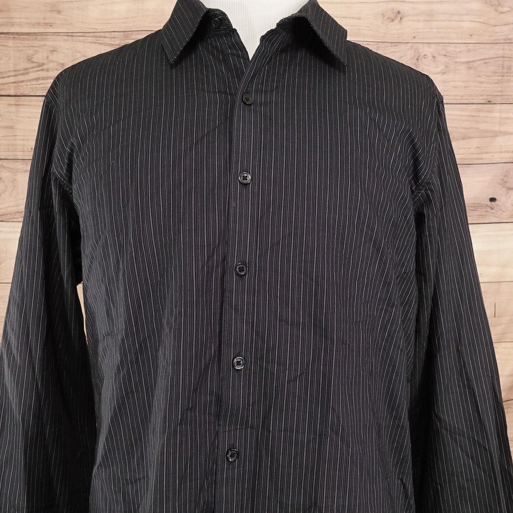 New! Marc Anthony Shirt Mens 2XL Black Striped Long Sleeve Button-Up Slim Fit